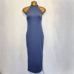 SHEIN SXY Maxi Halter‎ Bodycon Dress Women's 7 Blue Tie Back Ribbed Sleeveless